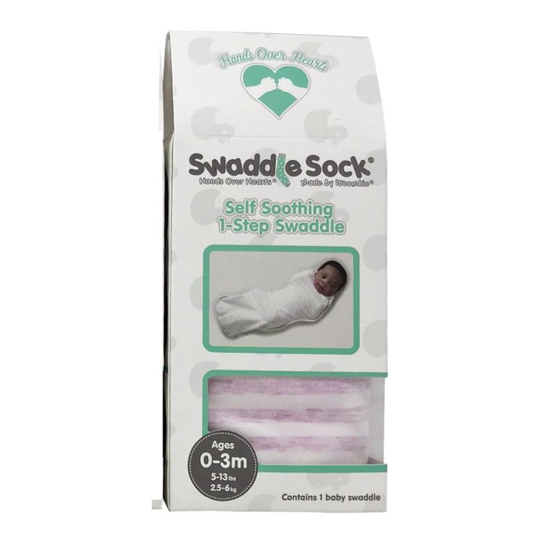 Woombie Swaddle Sock svøpepose uten glidelås, grå/hvit striper 0-3 mnd